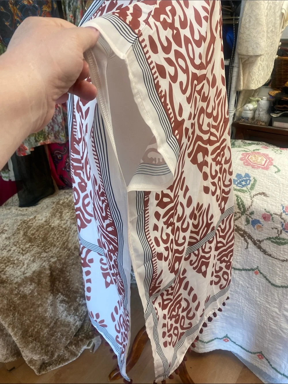 Flowy White and Terracotta Patterned Kimono Cardigan